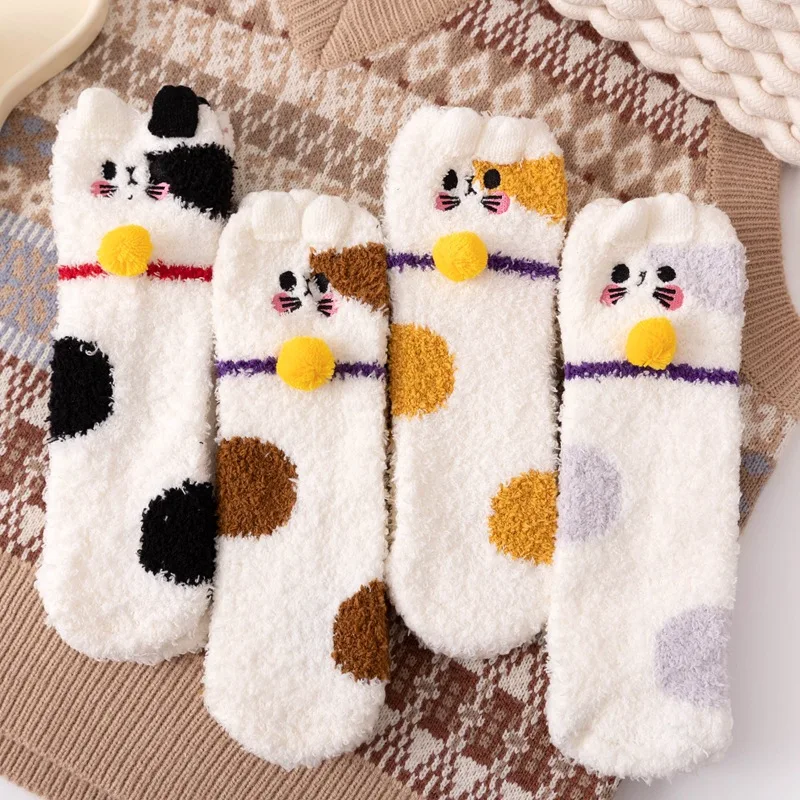 Autumn and Winter New Non-hair Ears Embroidery Fortune Cat Claws Sleep Children Warm Thick Socks