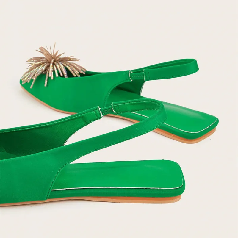 2024 New Flat Sandals Women Pointed-toe Rhinestone Tassel Design Open Heel Flat Party Shoes Summer Back Slingback Mules Shoes