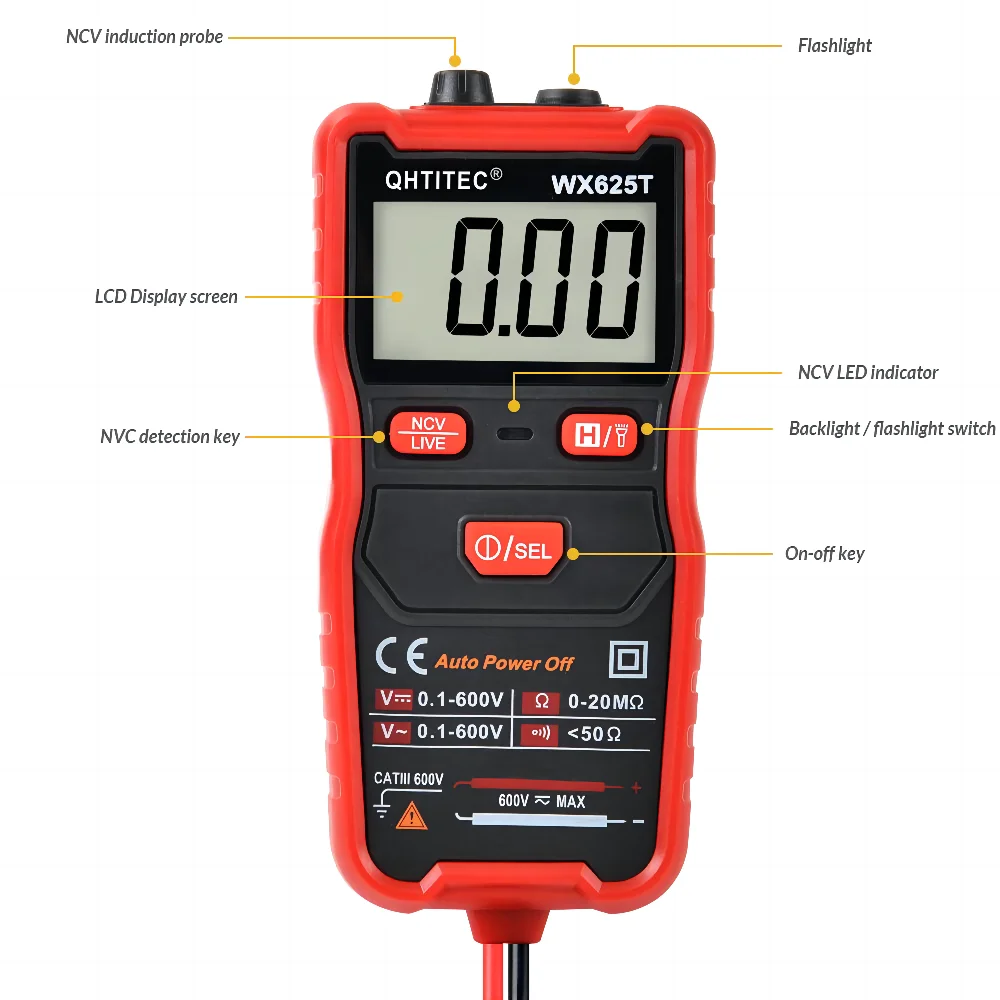 QHTITEC-625T Multímetro Digital, True RMS, Alcance Automático, Multímetro, Medidor de Transistor, AC, DC Tensão Tester com Lanterna NCV
