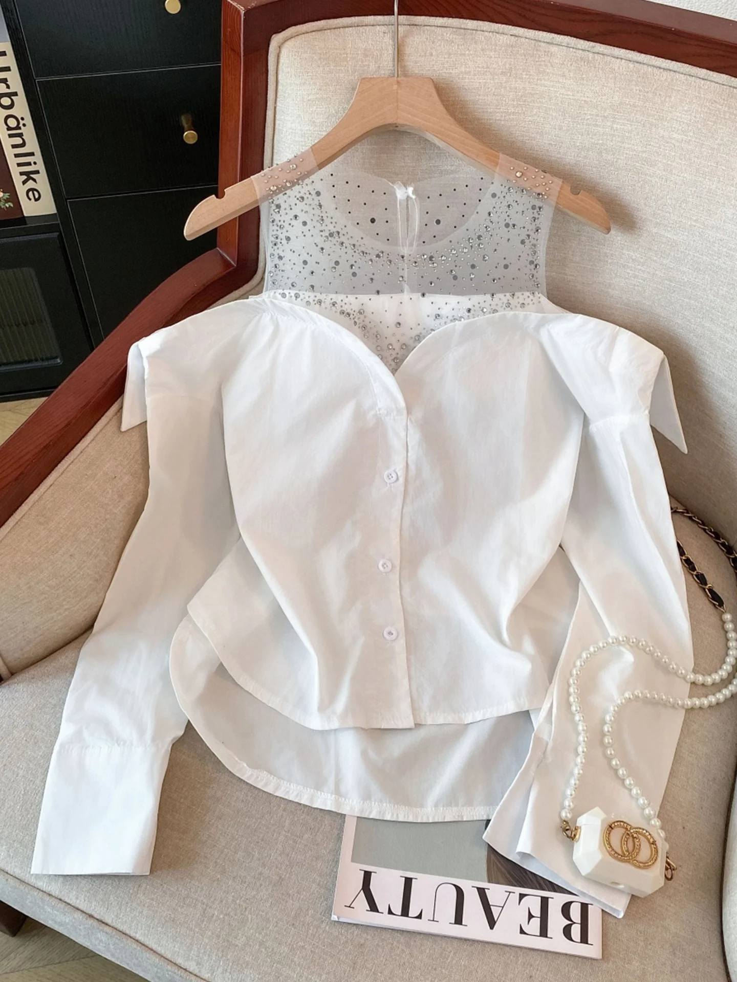 

Neline irt for Women Spring Season Diamond Embellied Heavy Work Me Paneling Sexy One oulder Fake Two-Piec...