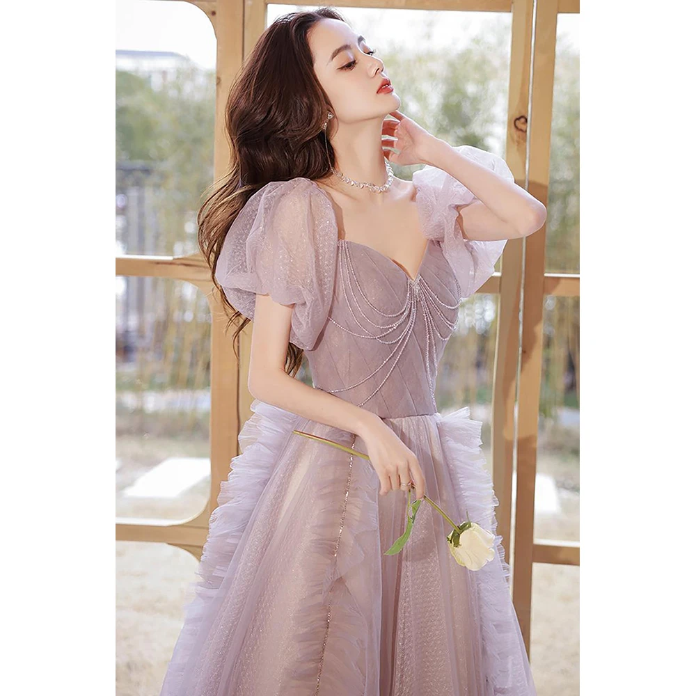 

Luxury Banquet Evening Dress Women Puff Sleeve Purple Tulle Princess Dress Girls Party Quinceanera Dresses Beading Ball Gown