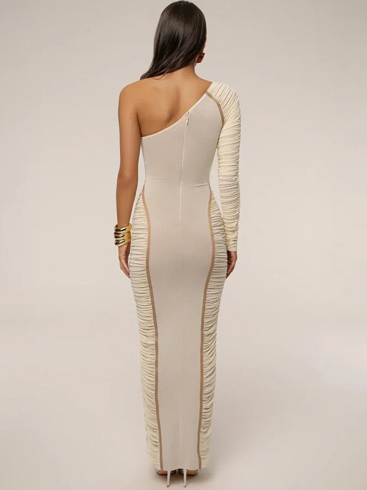 Une épaule dos nu Sexy robe Maxi femmes robe élégante col incliné simple manches froncé moulante Club fête longue robe