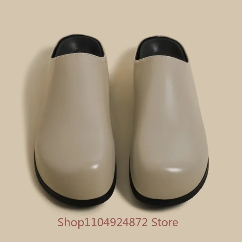 Designer PU Leather Flat Slippers Non-slip Sole Slip-on Shoes Men's Home Office Street Outdoor Walking Shoes Male Loafers