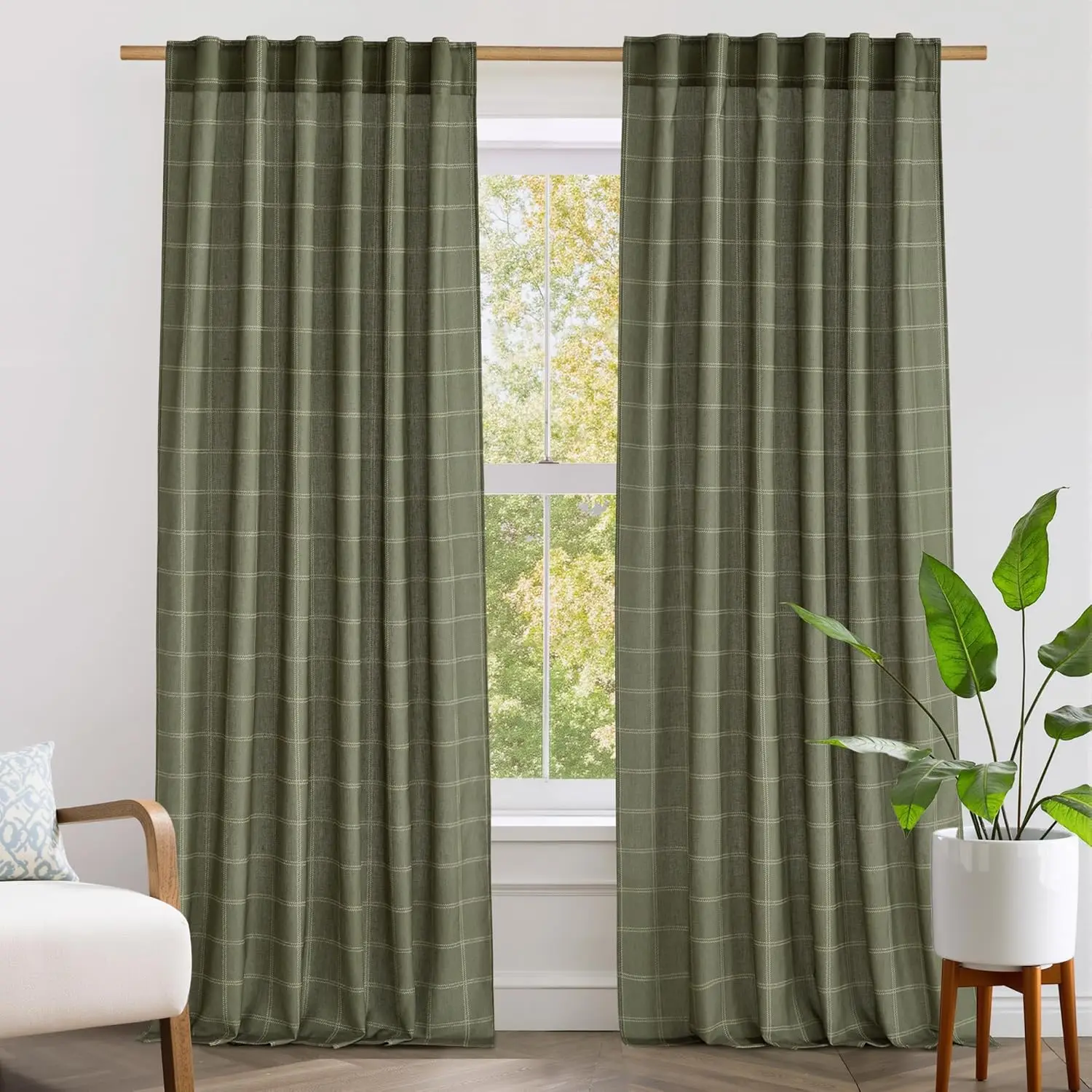 Moss-Green 2-Panel Gingham Plaid Linen Curtains, 52 × 84 Inches, Rod-Pocket & Back-Tab Dual Header, Light-Filtering Tartan Drapes for Living Rooms & Bedrooms