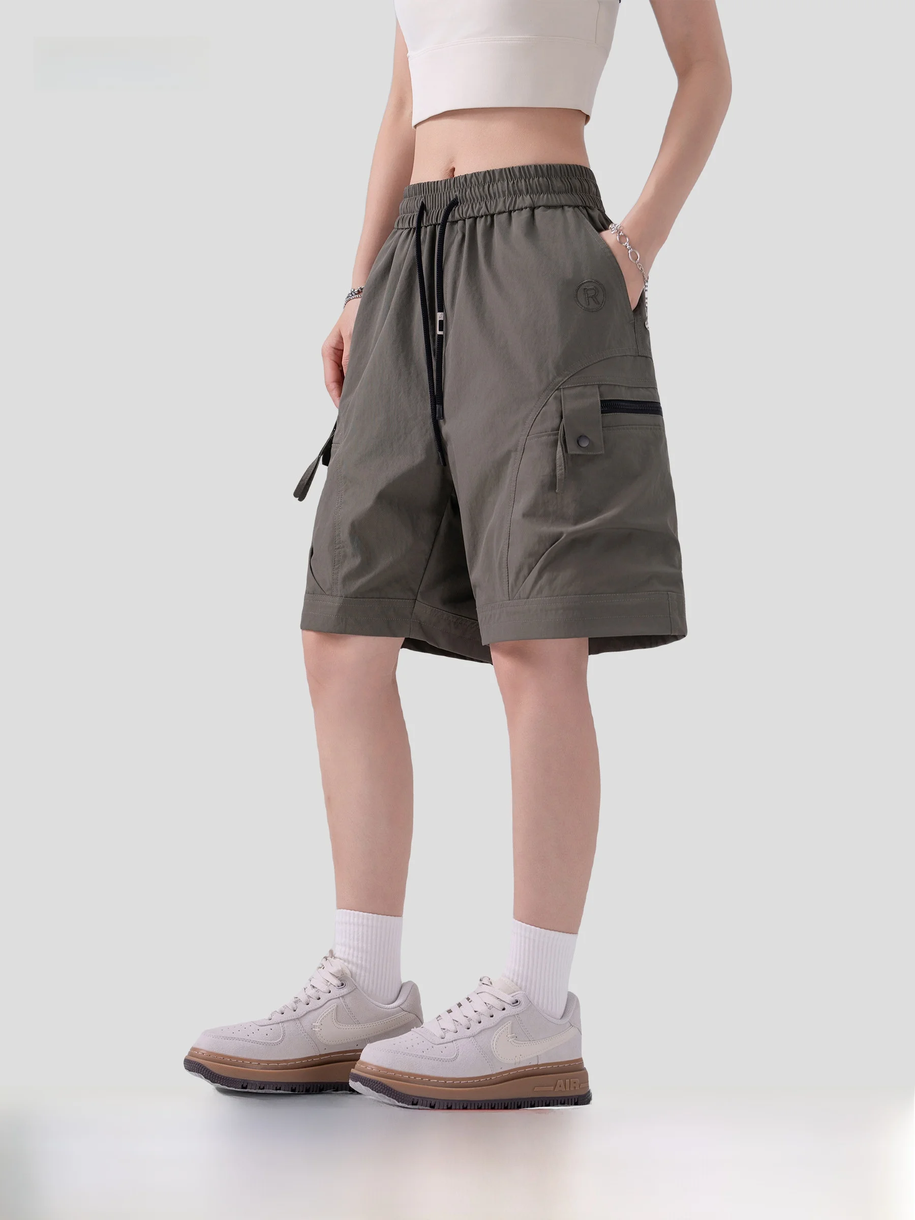 AOGZ Multi-Pocket Zipper Workwear Shorts Loose Straight Casual Sports Mid-Length for Men And Women Breathable Quick-Drying