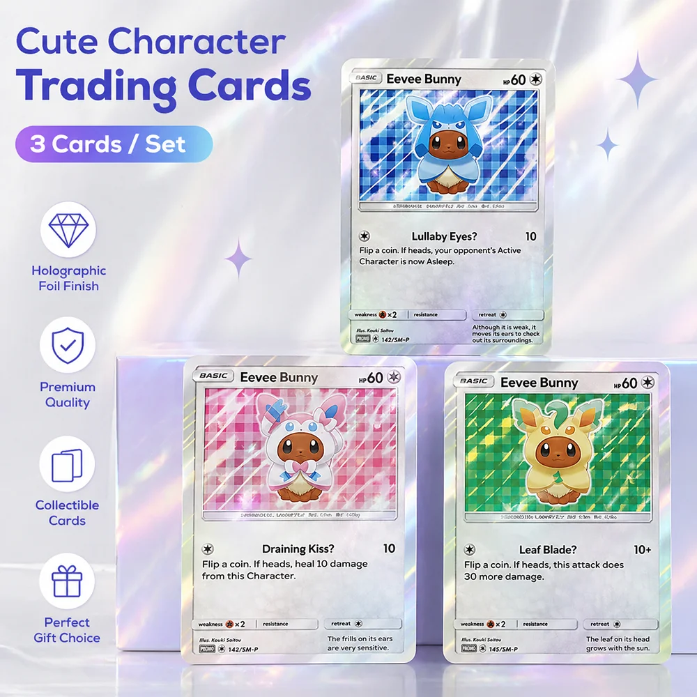 

Anime Collectible Cards Poncho-Wearing Eevee 3PCS Promo Set Vaporeon Leafeon Sylveon Disguise Holo Foil Rare Collectible Card