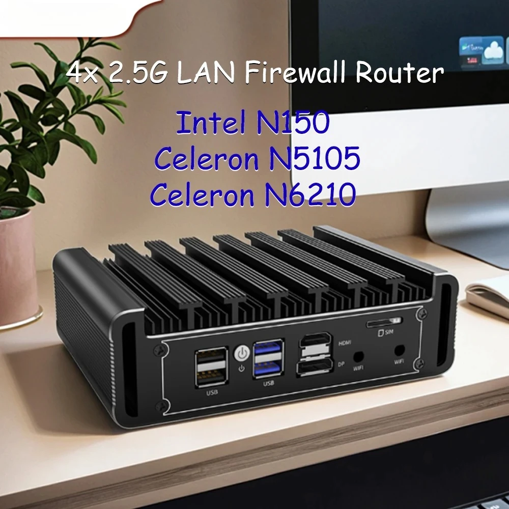 Mini PC solido senza ventola, apparecchio firewall Intel N150/N5105/J6412, LAN 4×2,5G (i226-V), mini computer silenzioso, pfSense/OPNsense