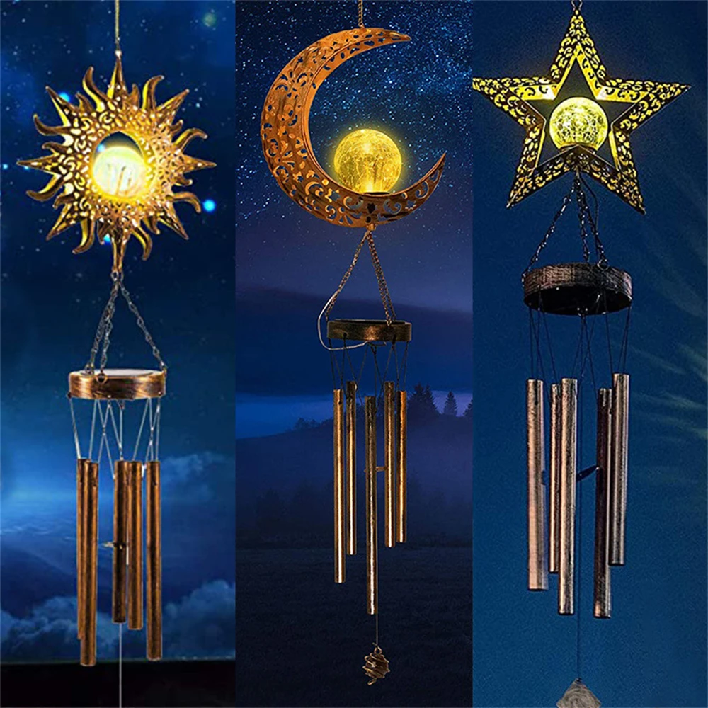 Outdoor Solar Wind Chimes Lights Retro Iron Fiary Moon Sun Stars Wind Chime Hangings Lamp for Wedding Xmas Birthday Party Decor