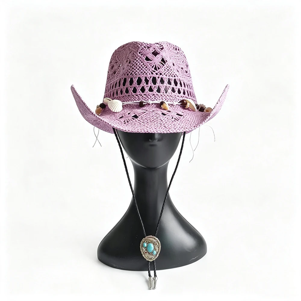 Lavender Hollow Woven Cowboy Straw Hat with Seashell Bead Band Turquoise Bolo Tie Summer Breathable Wide Brim Sun Hat Women Beac