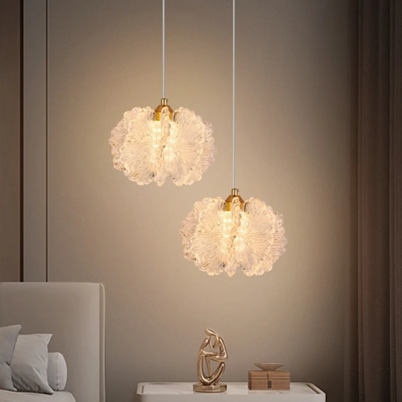 Nordic French Cream‑Style Long‑Line Pendant Light Acrylic Flower Petal Shade Home Decor Lighting for Bedroom Bedside Dining Room
