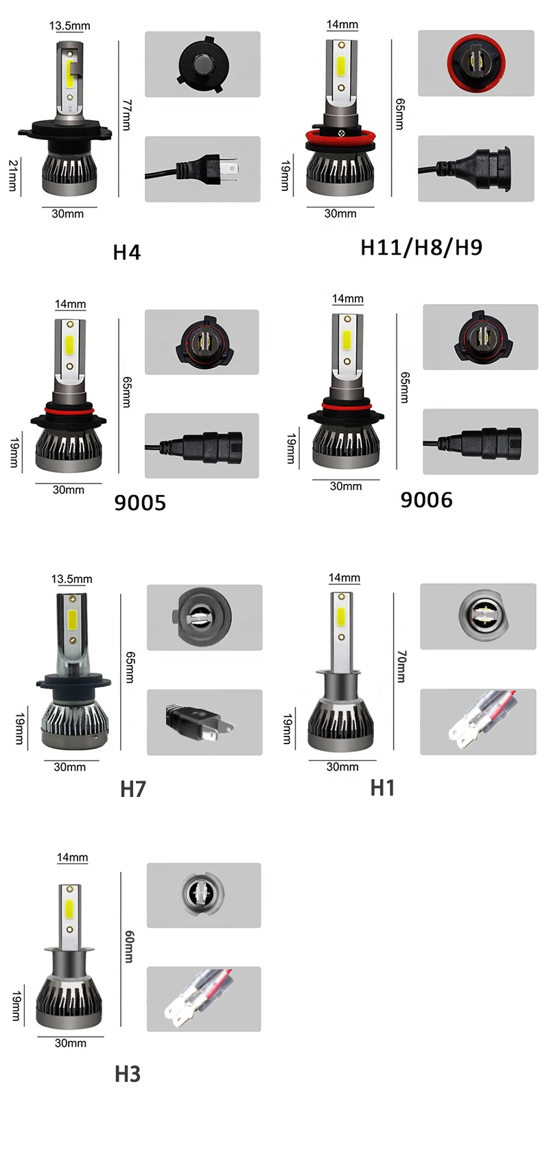 2PCS/pair Mini Lights Auto H7 LED H4 Bulb H3 H8 H9 H11 9005 9006 9012 6000LM Car Headlight H1 6000K Auto Fog Light 12V LED Bulb