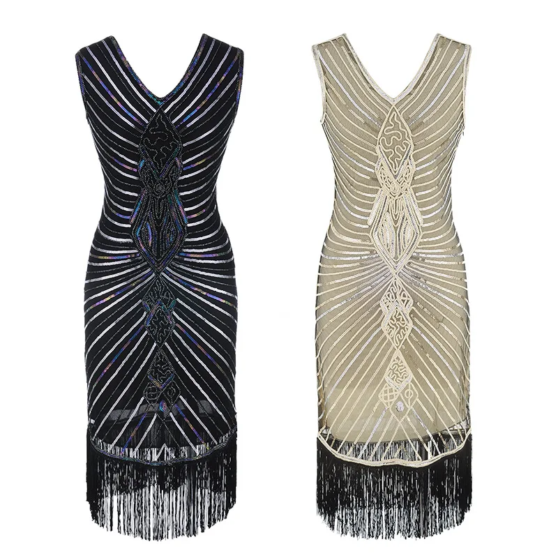 

2022 New Women Sequins Vintage Dress Tassel Embrodery Ladies V-Neck Great Gatsby Evening Bodycon Party Flapper Dresses