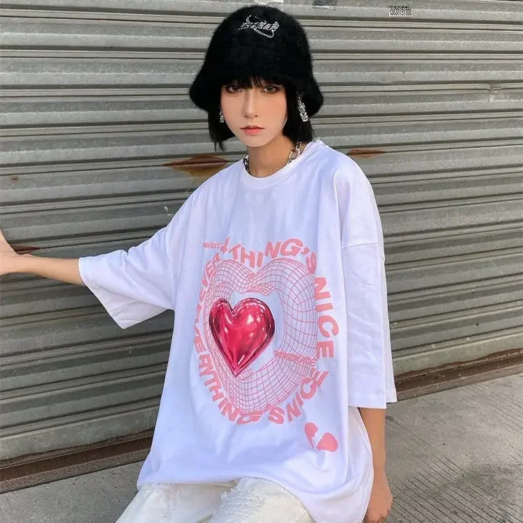 Oversized T Shirt Love Graphic T-shirts Women\'s New Cute Tees Couple Tshirt Streetwear Y2k Tops Harajuku Sweet Clothing