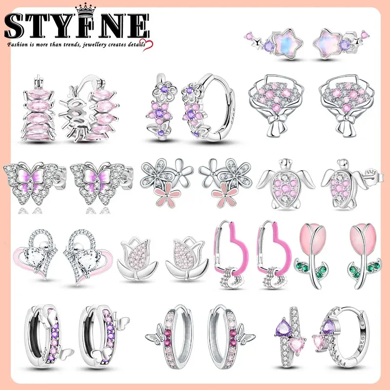 925 Sterling Silver Drip Tulip Butterfly Designer Stud Earrings Pink Collection Adolescent DIY Gift Free Shipping for Girls