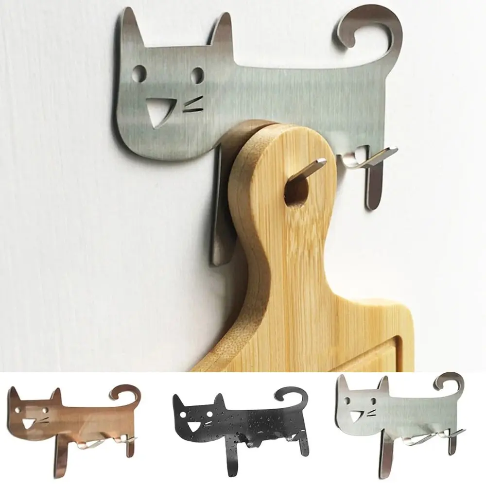 Cartoon Metal Cat Shaped Hook Wall Mounted Stainless Steel Keys Towel Hanger Decorative Self-Adhesive Storage Hook Bathroom