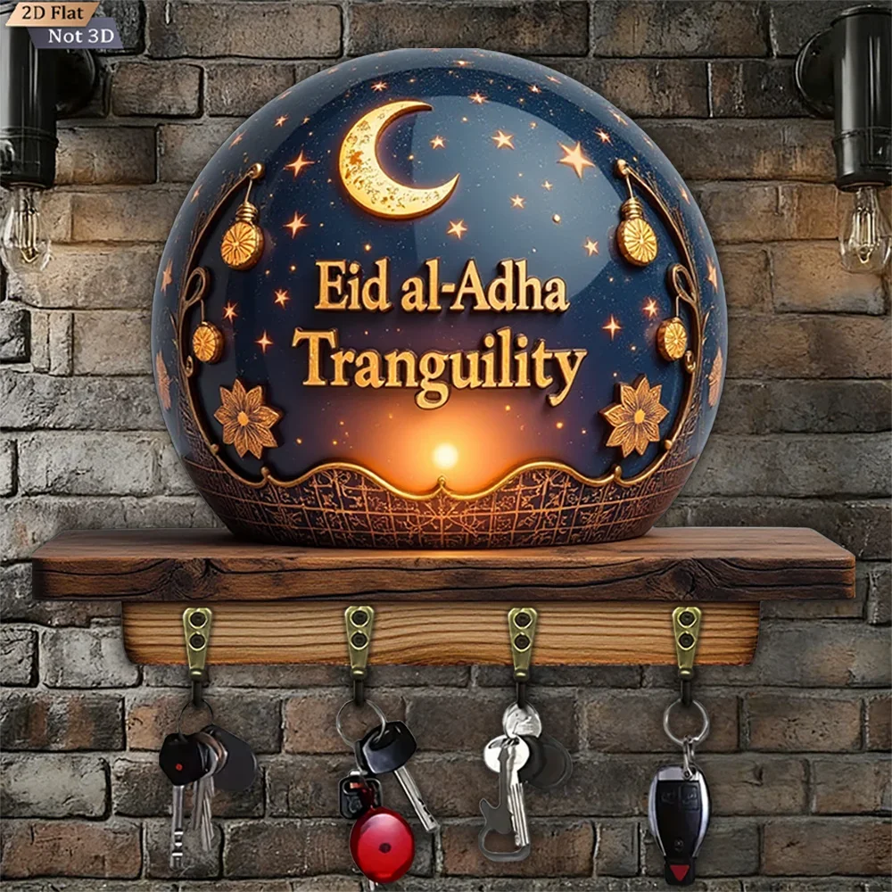 2D Flat, 1pc, Star and Moon Eid Al-Adha Serenity Key Hook, Wooden Multifunctional Home and House Key Hook, with Four Metal