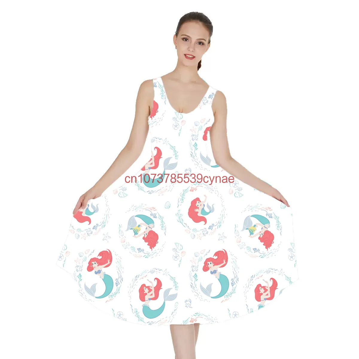 2025 New Disney Princess Ariel Ladies Dress Printed  Casual Cartoon Dress Simple Fashion Street Style Ladies Clothing