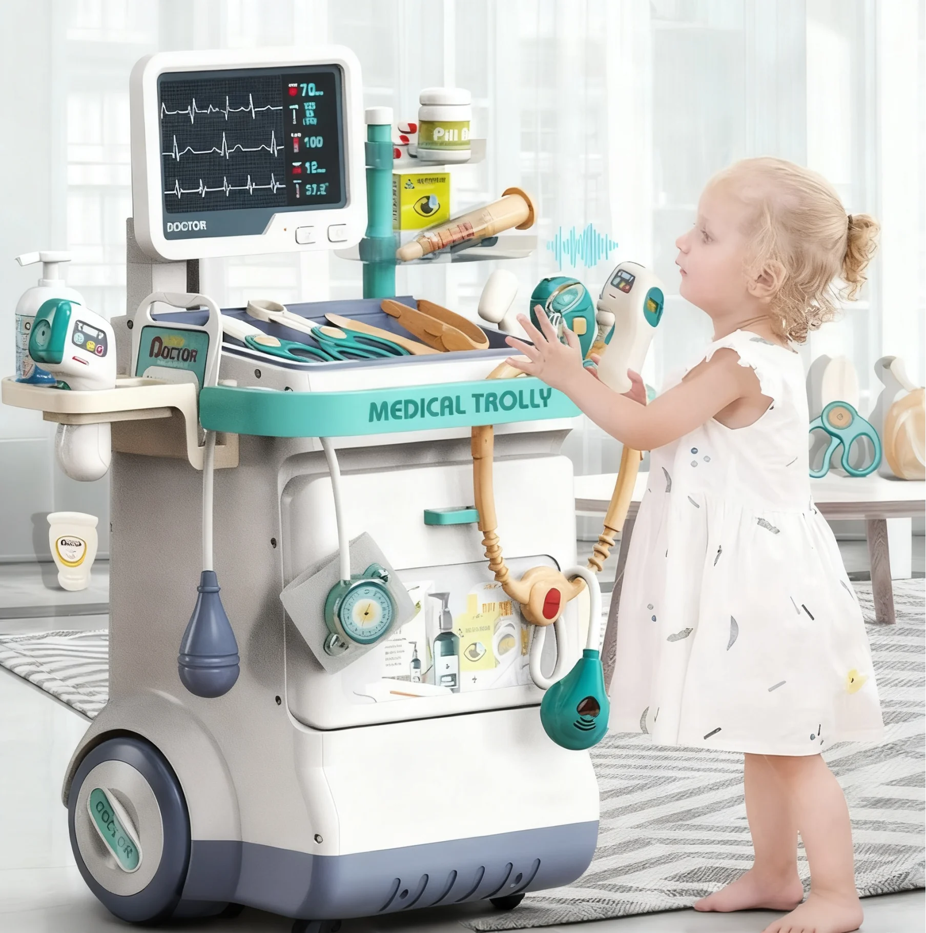 Kit médico, carrito de estación médica móvil con estetoscopio de inyección, herramienta hospitalaria, juguete de juego de rol para médico, regalos de cumpleaños y Navidad para niños