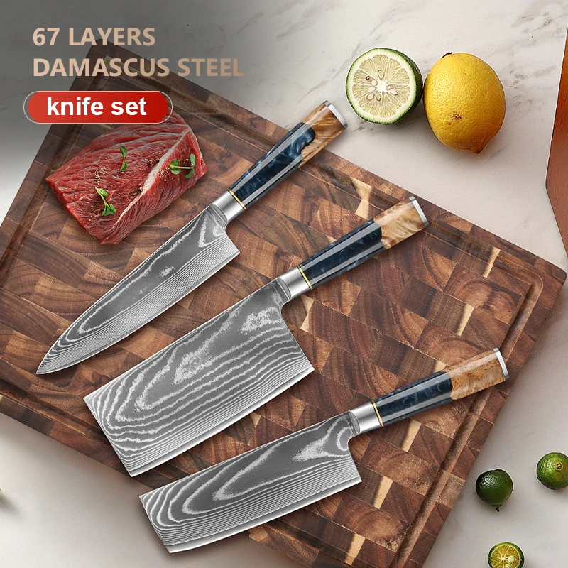 

1-3PC set Damascus Kitchen Chef Knife ,Nakiri Knife，Cleaver knife, Cooking Tools Resin wood handle