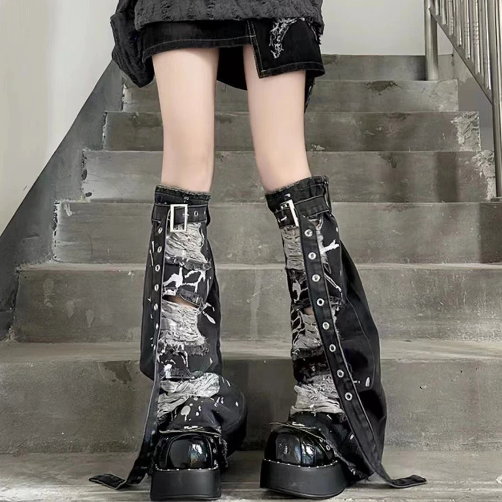 Ripped Jeans Buckle Belt Leg Warmers Y2K Grey Hole Breaking Denim Harajuku Leg Covers Punk Rock Style Gothic Style Leg Boot Cuff