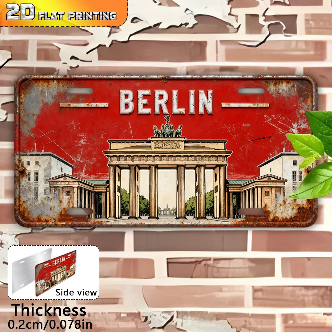 Berlin Germany Brandenburg Gate Historic Landmark Red Background Rustic Vintage 2D Flat Printed License Plate Aluminum Metal Pai