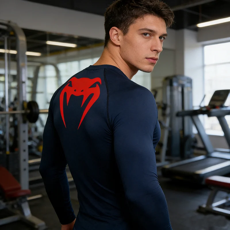 Casual T-shirt met compressiepatroon, sportspierfitness strakke pasvorm, sneldrogend ademend sportondergoed met lange mouwen