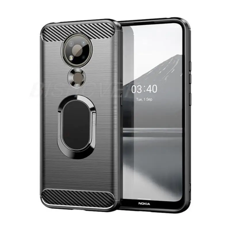 Für Nokia 5.4 Gebürstete Carbonfaser Weiche Silikon-Handyhülle Für Nokia 2.2 4.2 3.4 5.3 6.2 7.2 8.3 5.4 Magnetischer Ringständer-Cover
