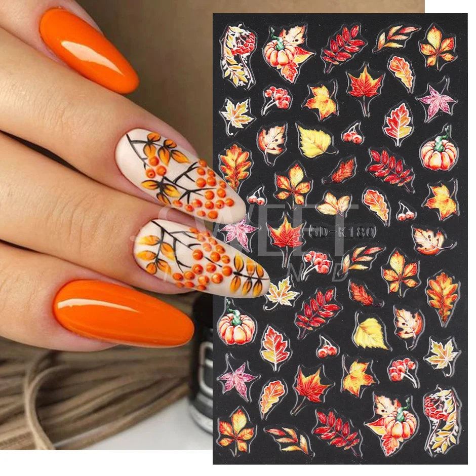 5D Autumn Nail Stickers Maple Leaf Fall Inspired Nails Design Pumpkin Wing Decals Thanksgiving Manicure Sliders Foils SA5D-K179