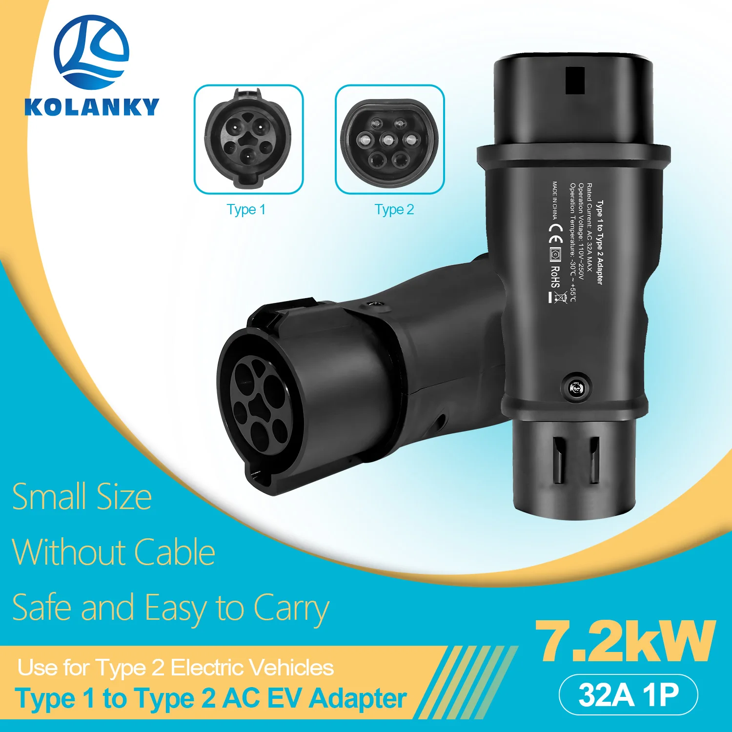 Kolanky 7.2KW 32A 1P Type1 to Type2 EV Adapter J1772 American Standard to European Standard AC Charging Adapter for Type 2 Car