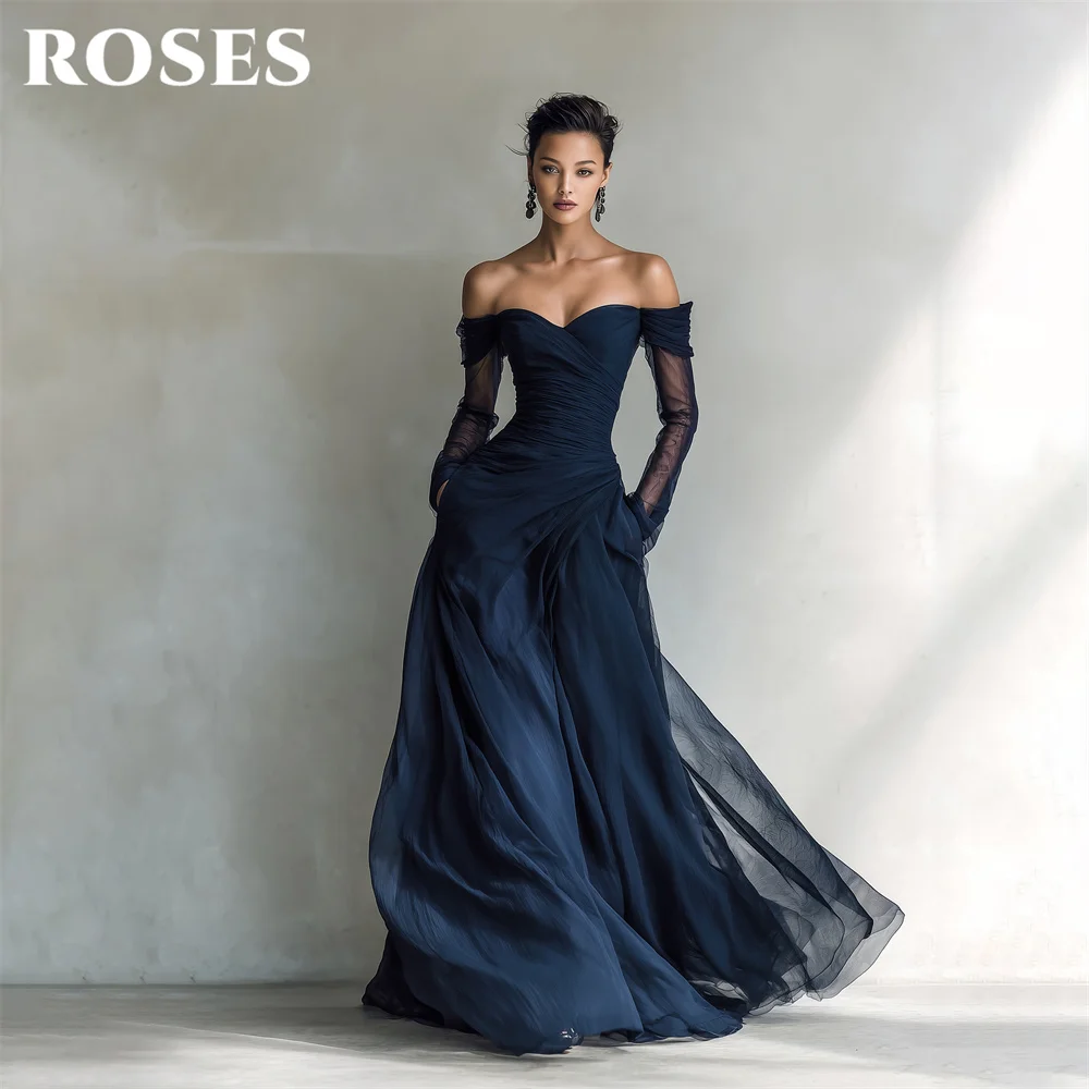 

ROSES Nave Blue Evening Dress Off the Shoulder Long Sleeve Formal Gown A Line Night Dresses Flowing Prom Dresses Customized