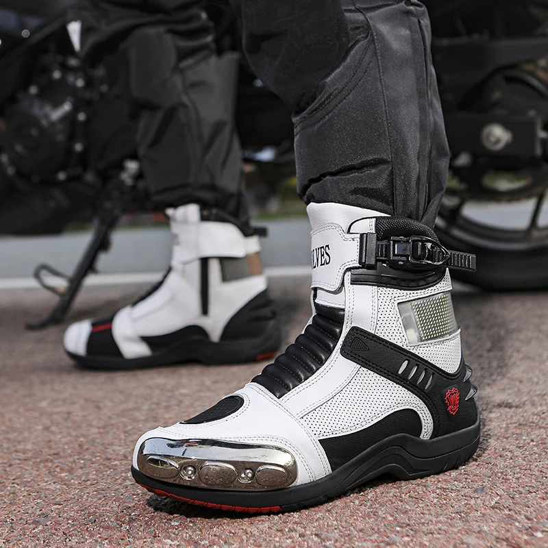 

Men Motorcycle Boots Black Leather Biker Shoes Motocross Boots Protective Gear Shift Rubber Sole Retro Motorbike Shoes Women