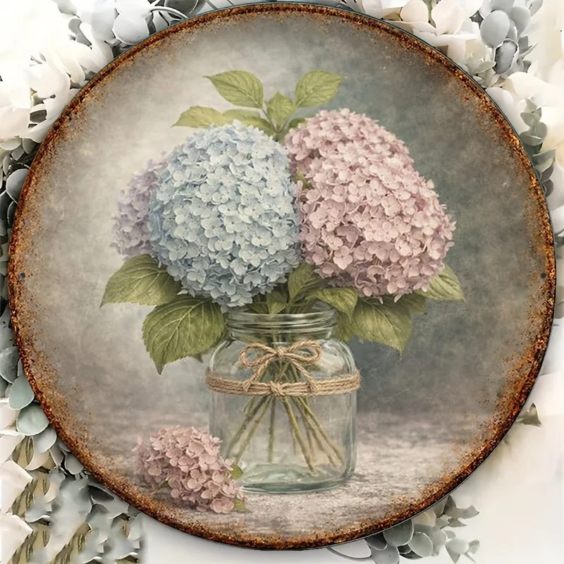 2D Flat, 1pc 1pcs 1pc Suitable for Living Room, Kitchen, Patio Hydrangea-Themed Vintage Wall Sign - Rustic Farmhouse Round Plaqu