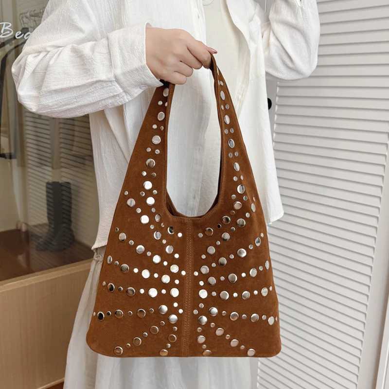 

European American Fashion Tote Bags Stylish Shoulder Bags With Studs Dots New Suede Handbags Versatile Solid Color Commuter Bags