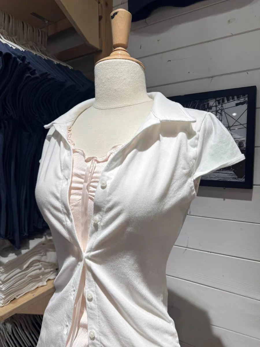 

Solid Simple Cotton T-shirt Blouse Woman Summer Turn Down Collar Single Breasted Slim Tshirt Sweet Casual Short Sleeve Tee Shirt
