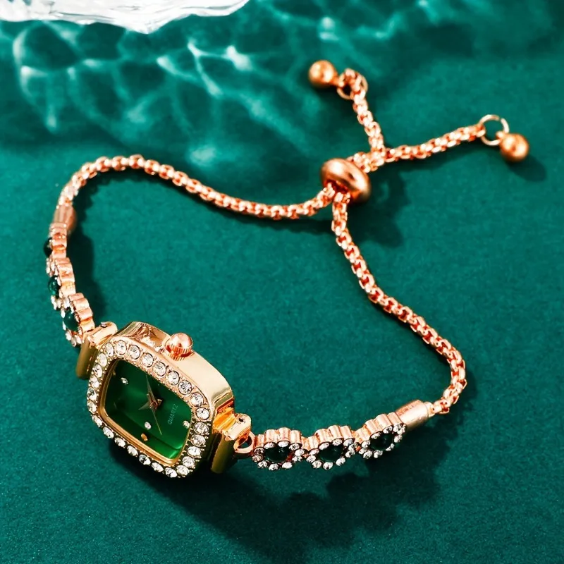 Set di orologi da polso vintage in oro da 5 pezzi per donna Orologio da polso al quarzo da donna di lusso con regali di orologi con diamanti verdi