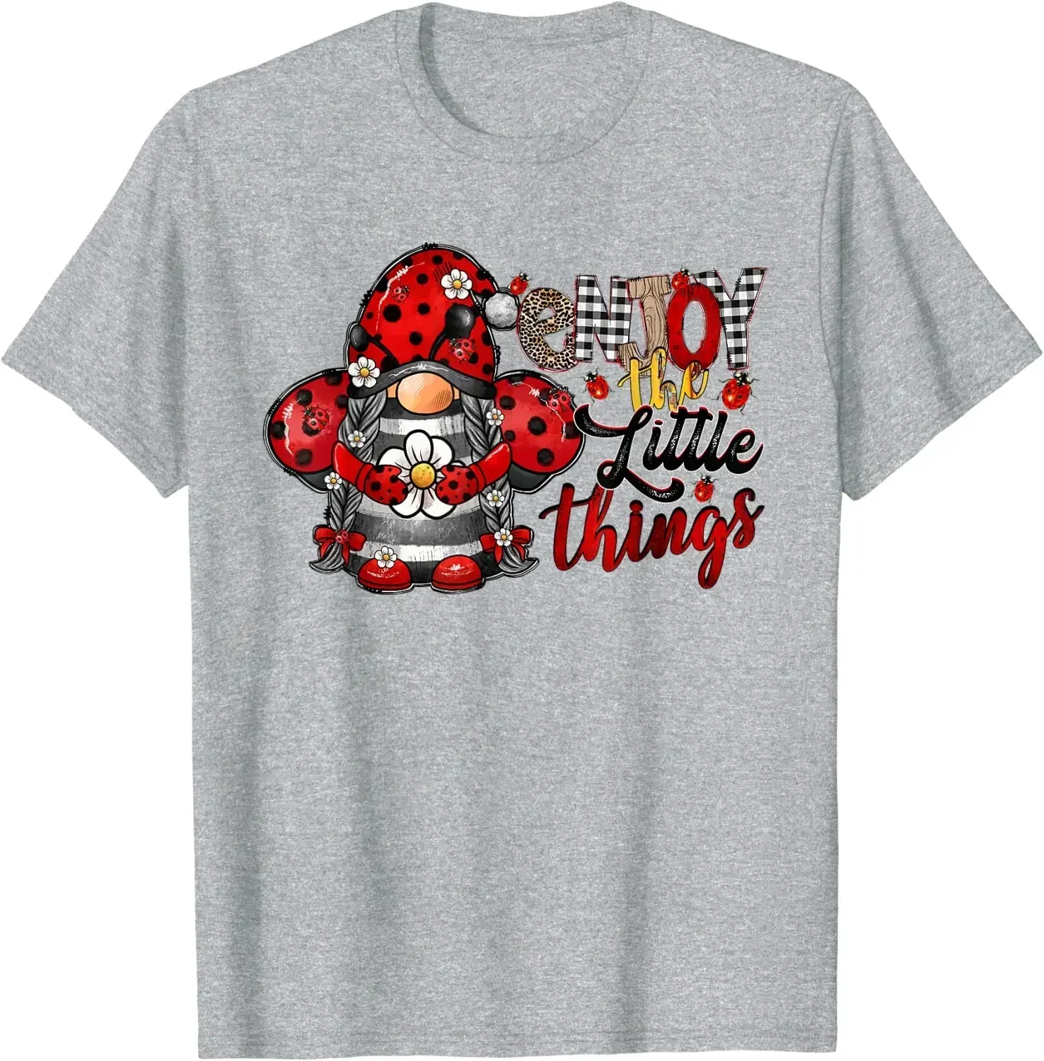 Enjoy The Little Thing Cute Ladybug Gnome Summer T-Shirt Streetwear Graphic T Shirts Cotton Daily Four Seasons Shirts Tees