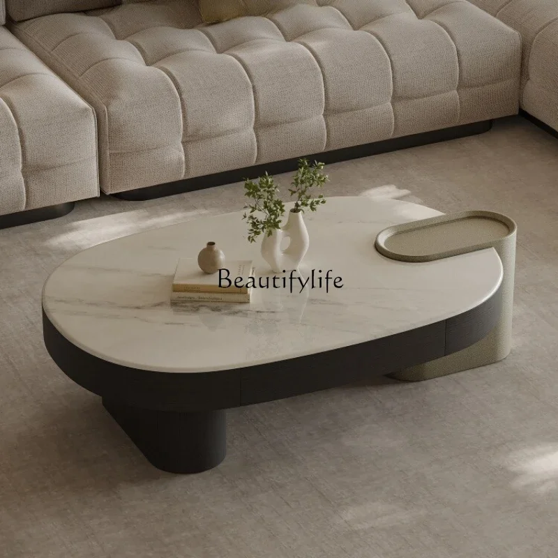 

pg46Italian minimalist marble oval coffee table living room household small apartment metal paint storage tea table
