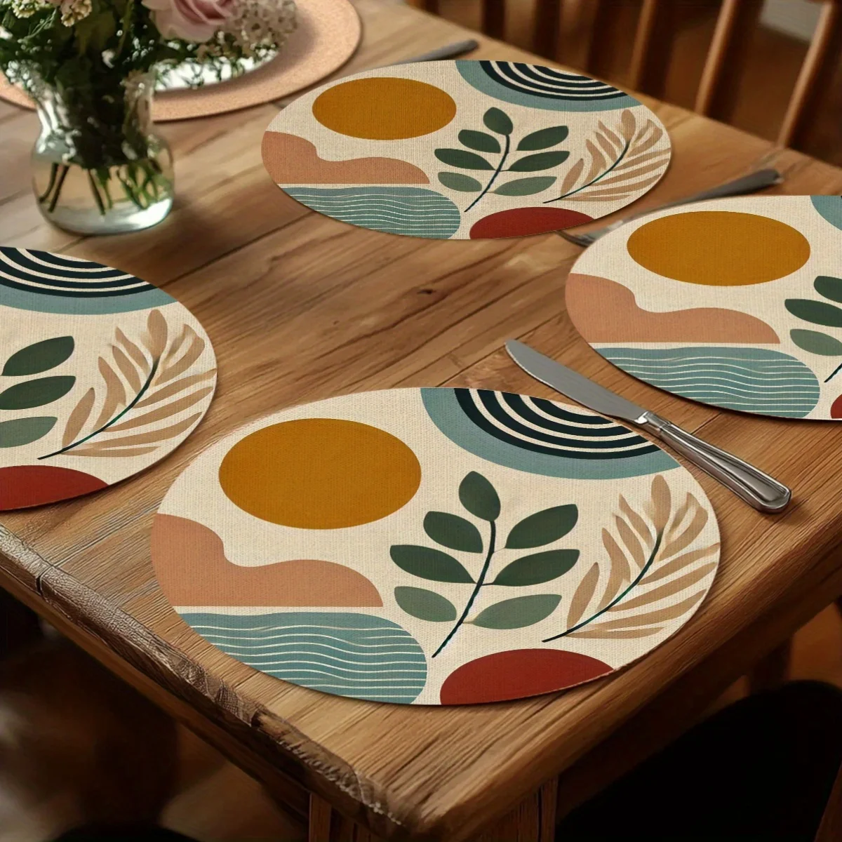 4pcs/set Ethnic Style Bohemian Wooden Printed Placemat Heat-resistant and Heat-insulating Mat Restaurant Placemat Decoration