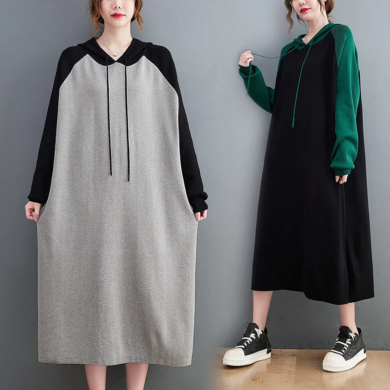 

Oversized Clothing Casual Long Sweatshirt Dress Autumn Women Full Sleeve Loose Color Matching Hooded Dress Female Robe T382