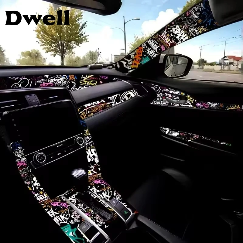 

Graffiti Pattern Car Interior Wrap Satin Embroidery Interior of Pillar Sticker Self-adhesive General AB Pillar Headliner Fabric