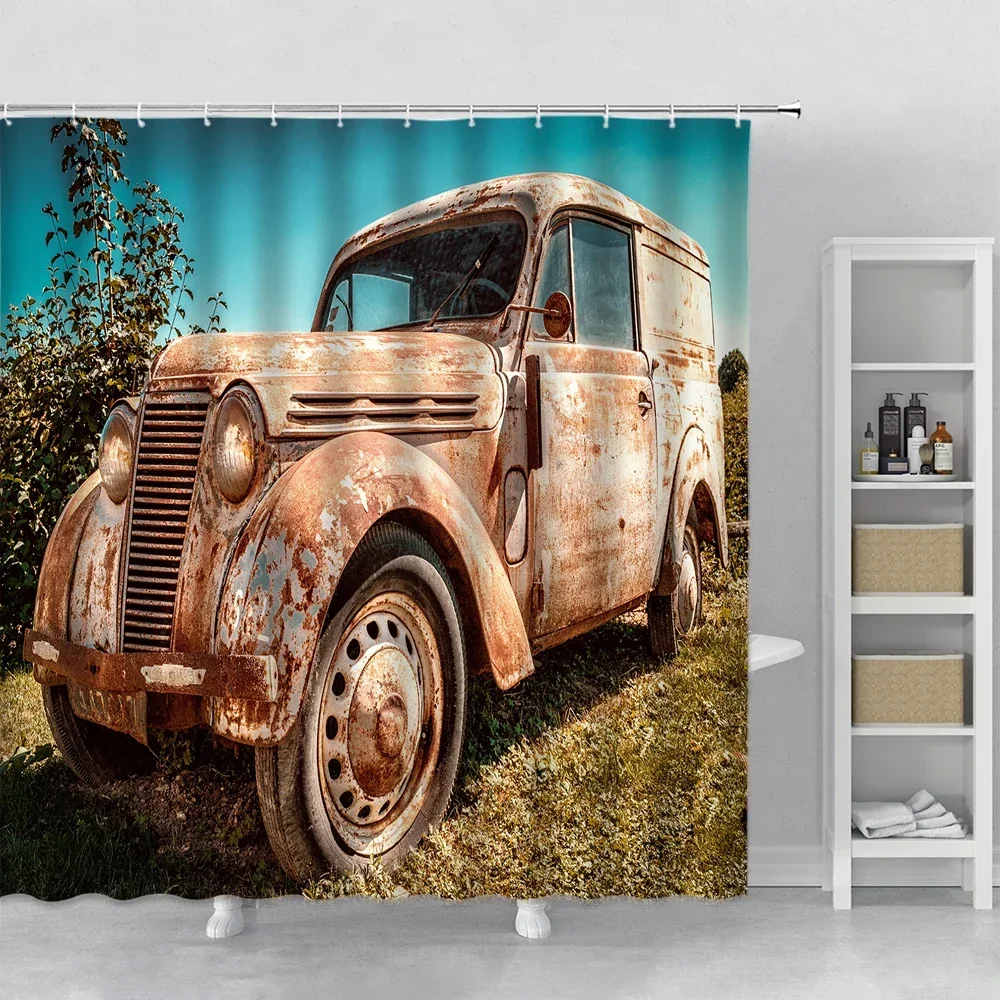 Retro Truck Shower Curtain Red Old Tin Car Antique European Style Bathroom Decoration Curtain Polyester Fabric Wall Curtain Hook