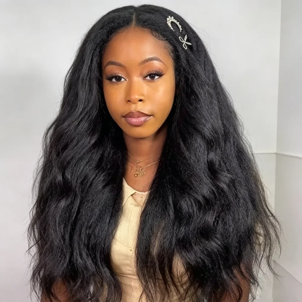 

Natural Black 13x4 Yaki Wave Soft Long 26 Inch Lace Front Wig For Women Synthetic Preplucked Glueless Baby Hair Daily