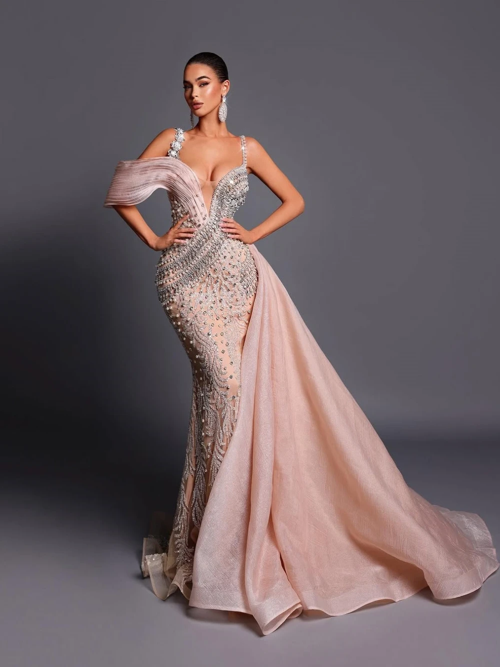 Sexy profundo decote em v sereia vestido de noite longo com trem lateral luxo frisado pérolas vestidos de baile personalizado vestido de cocktail para mulher