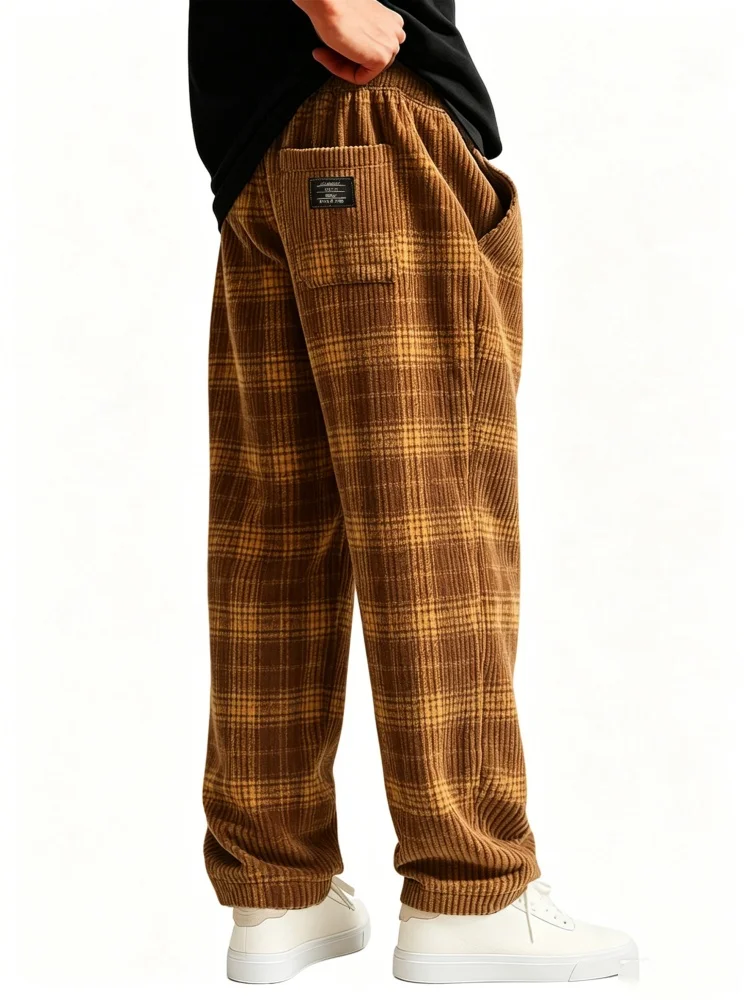 Men's Adjustable Drawstring Corduroy Trousers Retro Brown Grid Check Casual Straight Leg Bottoms