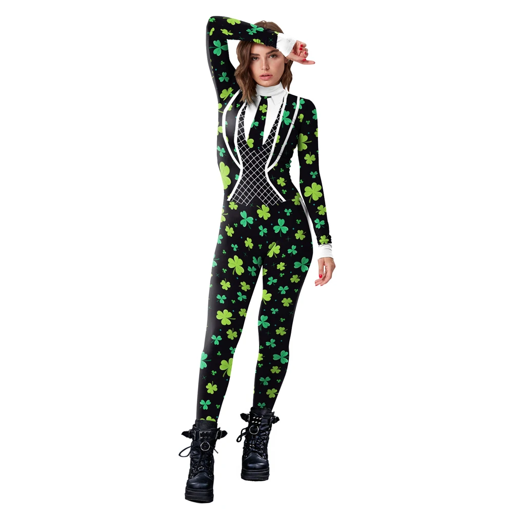 Grüner Klee muster Overall st. Patrick's Day Bodysuit Phantasie Halloween Cosplay Kostüm Skinny Spandex elastische Party Zentai