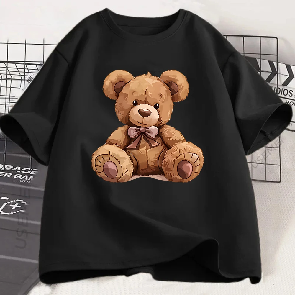 Cute  Bear Graphic T-shirt Kawaii Animal Print Tee Summer Short Sleeve Casual Fashion Top for Women Girls Kids