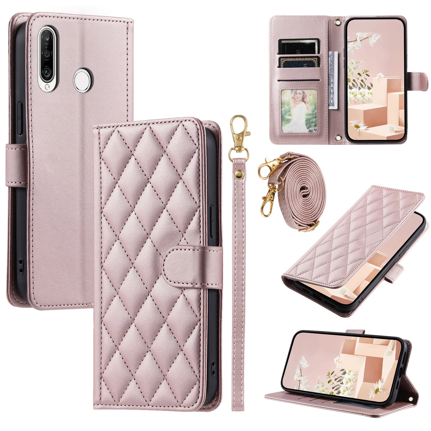 

For Huawei P30 lite Phone Case Crossbody Back Long Lanyard Silicone Protective Case Flip Leather Case