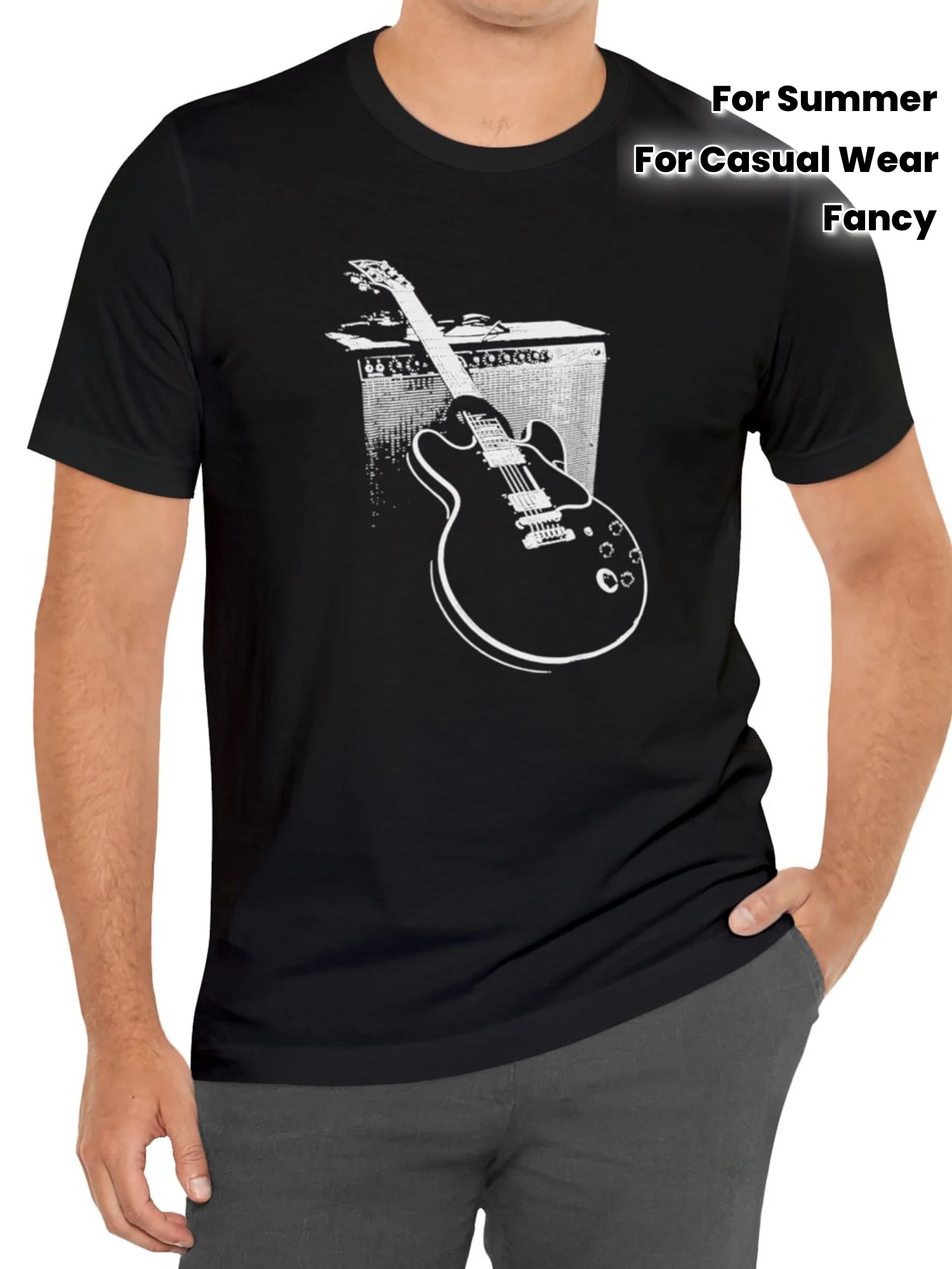 

Fancy Guitar Print Crew Neck T shirt For Summer Men's Soft Short Sleeve Top Stylish Comfy Tee For Casual Wear