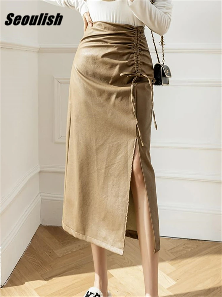 

Seoulish Faux PU Leather Women's Straight Long Skirts 2022 New Autumn Winter High Waist Lace Up Office A-Line Skirts Female