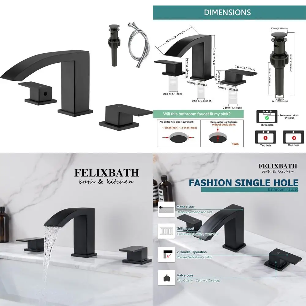 

Матовый черный, 8 широко распространенных смесителей для раковины с двумя ручками и 3 отверстиями, с выдвижным сливом и 2 линиями питания